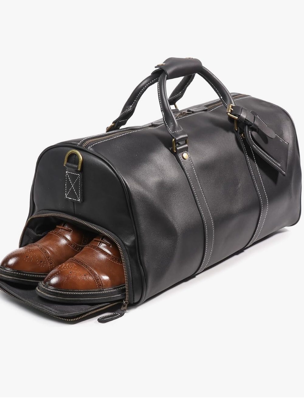 Mens Black Genuine Leather Overnight Duffel Bag Weekender Travel Carry-On 22” - Picture 2 of 13